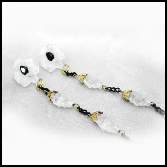 White & Black Earrings Long Dangles Lalique Look Lily, OOAK Recycled Vintag - Picture 4 of 11